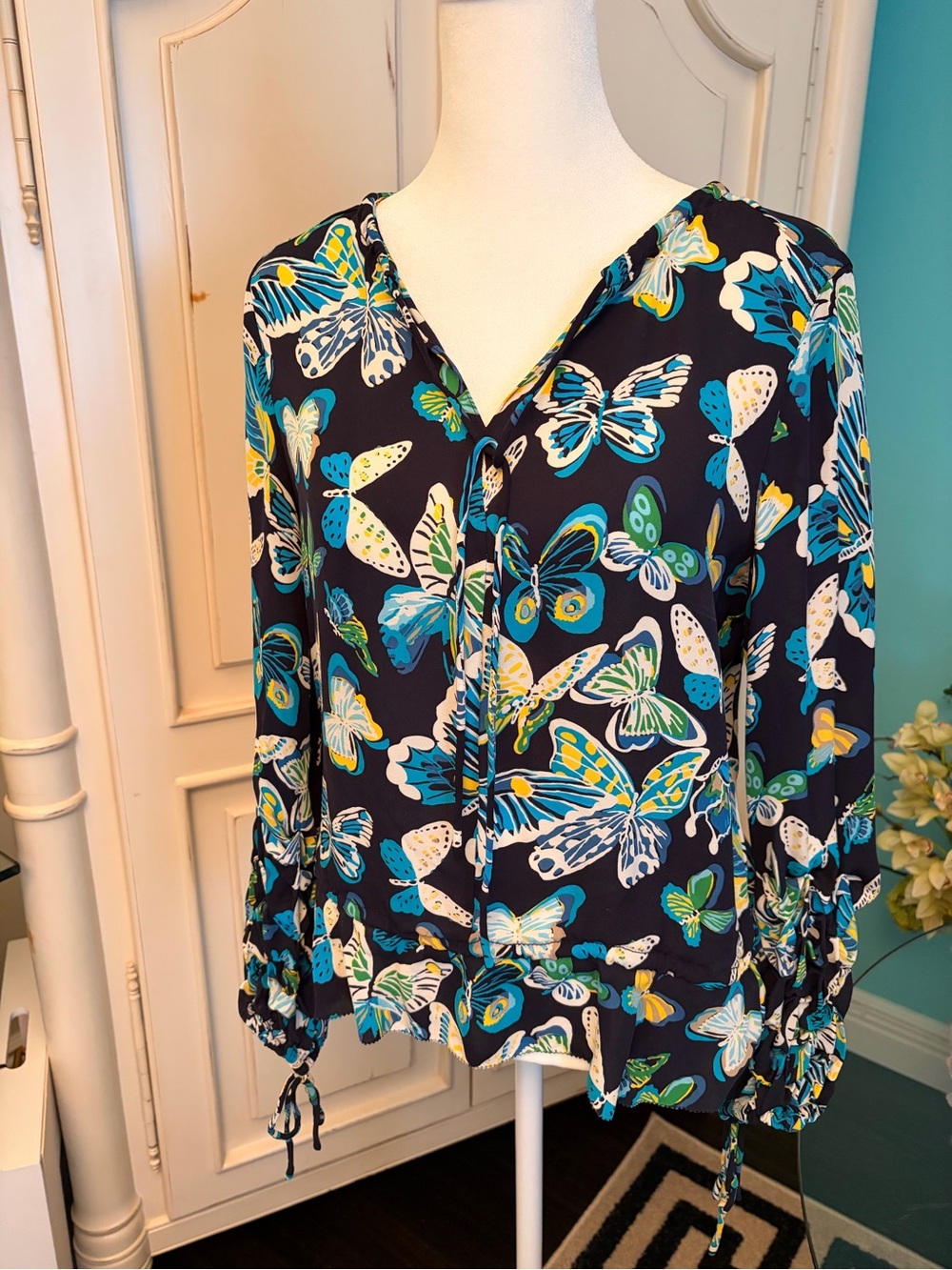 Tory Burch Women’s Navy Butterfly Print V-Neck Silk Blouse
